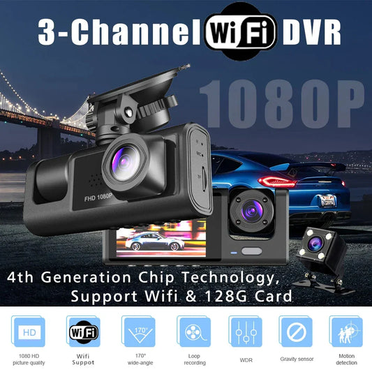 3-Camera WiFi Dash Cam – 1080P Cabin & Vehicle Three-Way DVR Recorder