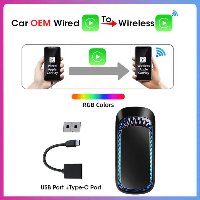 Car AiBOX RGB Mini Smart Box – Wireless CarPlay & Android Auto