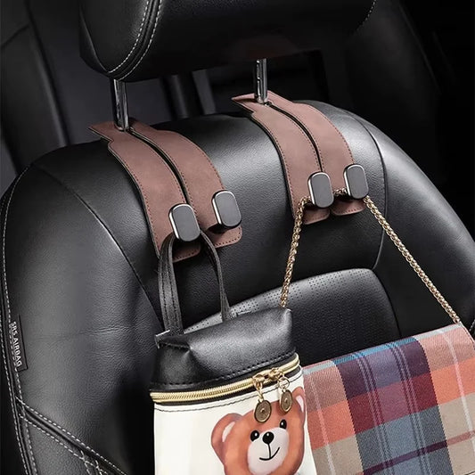 2-in-1 Car Headrest Hook – Premium Suede Rear Seat Dual Hook Hanger (20KG Load-Bearing)