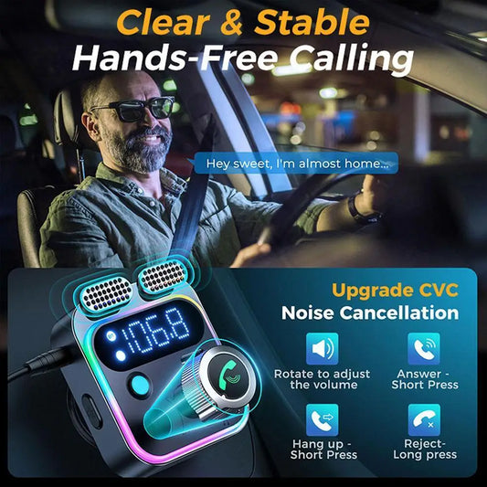 2024 Bluetooth 5.3 FM Transmitter – Dual Mic, Deep Bass, 48W PD & QC3.0 Car Charger