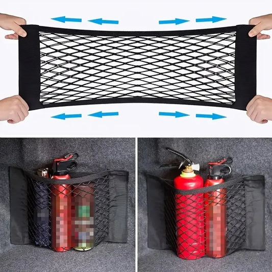 1pc Universal Car Storage Bag – Double Mesh Trunk Net & Fire Extinguisher Holder