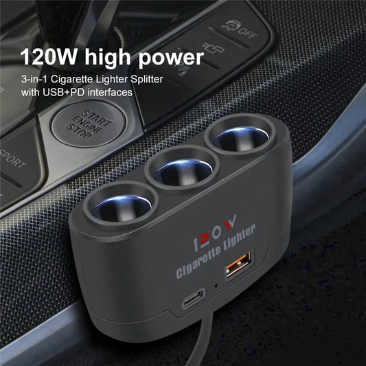 120W 3-in-1 Car Cigarette Lighter Splitter – Dual USB Fast Charger & Power Adapter